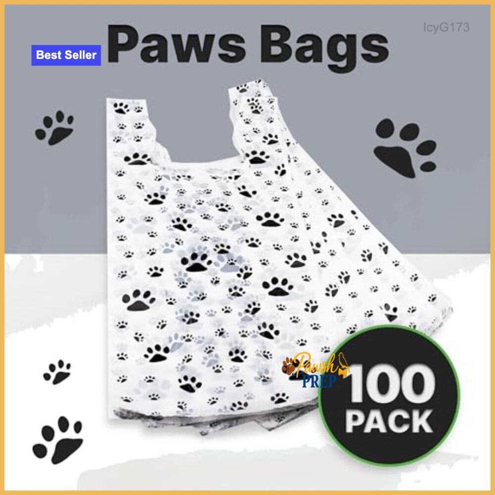 100 Pack Plastic T-Shirt Bags with Paw Print Design 22x12x7 - Picture 2 of 6